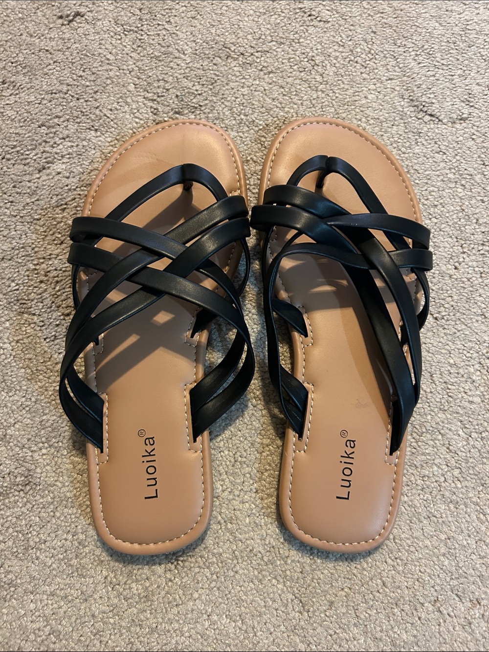 Luoika Black Strappy Women's Sandals with Tan Footbed